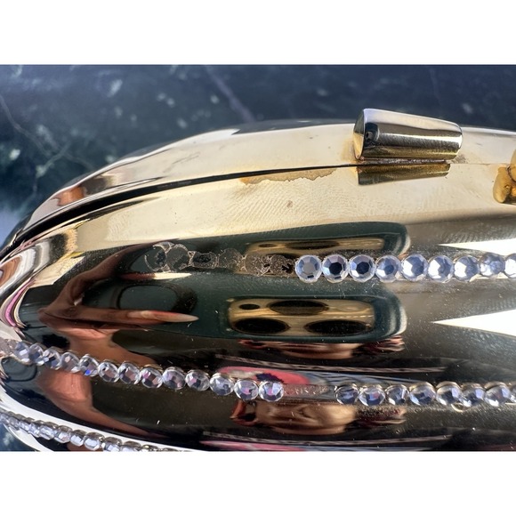 Vintage Le-Ann Gold Metal Clamshell Evening Bag Clutch with Chain Strap - Picture 15 of 16